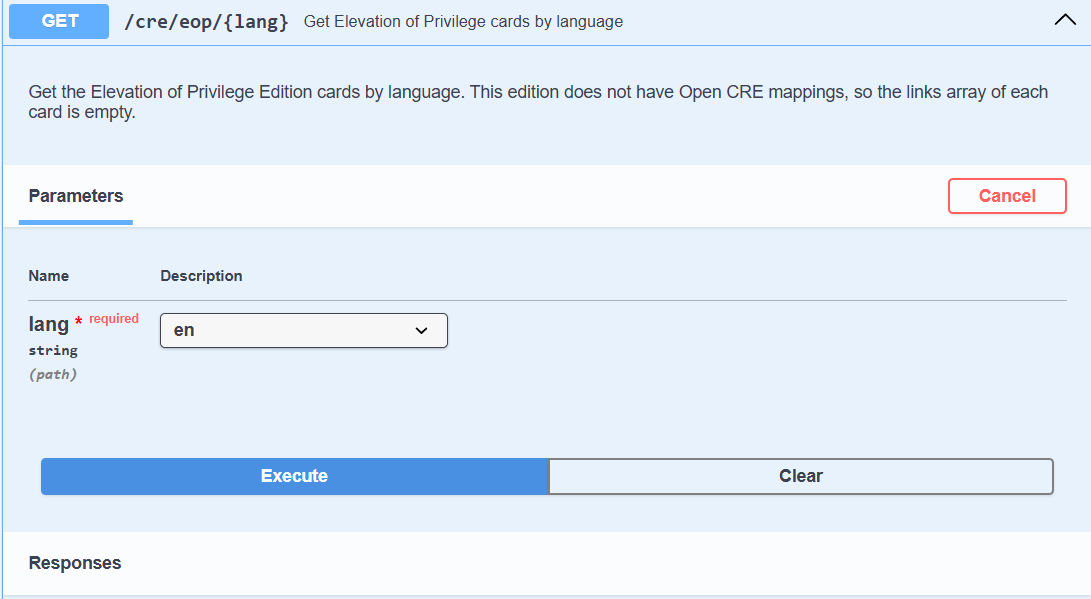 Swagger UI for the GET /cre/eop/{lang} endpoint