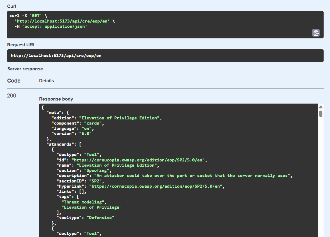 Example JSON response from the EoP API endpoint